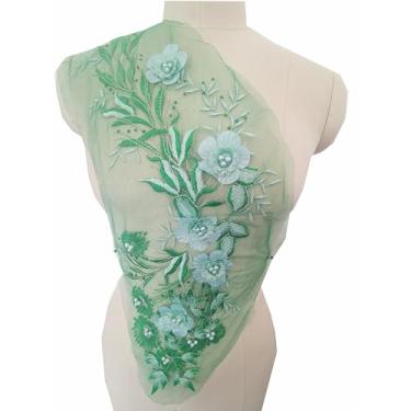 Imagem de Aplique de renda floral 3D bordado com apliques de flores com pérolas costuradas em remendos roupas de noiva casamento vestido de dança decoração (verde)