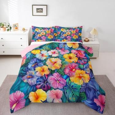 Imagem de Erosebridal Conjunto de edredom Queen com flores de hibisco, plantas tropicais, para crianças, meninos, meninas, colorido, botânico, floral, conjunto de edredom de verão, Havaí, decoração de quarto
