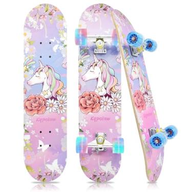 Imagem de Kqpoinw Skates padrão com rodas coloridas piscando para iniciantes, crianças, adolescentes, skate completo de bordo de 7 camadas para meninas e meninos, 78,7 cm x 19,8 cm, skate infantil côncavo com