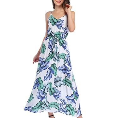 Imagem de Leadingstar Vestido feminino de verão com decote em V profundo floral ajustável alças finas vestido maxi de praia com bolsos, Tiras - Folha de banana branca, XXG