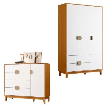 Imagem de Kit Guarda Roupa Ipê Com Comoda Ipê Com Pés Madeira Maciça Cinamomo/Branco