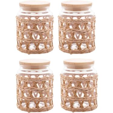 Imagem de Kit 4 Potes Herméticos Vidro com Sisal Tampa Madeira Wolff 750ml Porta Mantimentos