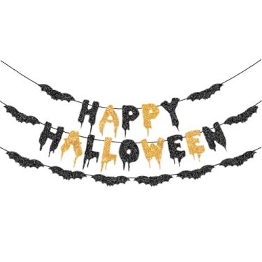 Imagem de hhdatc Happy Halloween Banner with Bat Flags Trick or Treat Hanging Garland for Halloween Birthday Party Supplies Home Room Decor
