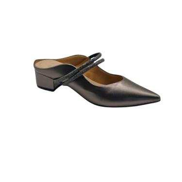 Imagem de Mule Scarpin Feminino Cinza chumbo com Tiras de strass com Brilho – Salto Baixo e Estilo Sofisticado (BR, Adulto, Numérico, M, 33)