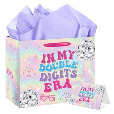Imagem de RTMISA Bolsa de presente de aniversário de 10 anos com papel de seda e cartão comemorativo 10 anos de idade Bolsa de embrulho para meninas adolescentes iridescentes Happy Birth Day Decorações de festa