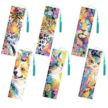 Imagem de FREEBLOSS 6 peças de marcadores de página de pintura de diamante de animais, kit de marcadores de página DIY com strass e diamante com 6 pingentes de cristal para iniciantes, 5,5 x 19,3 cm