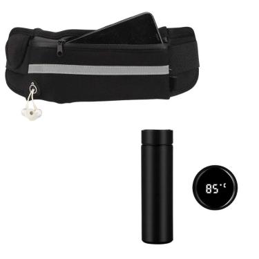Imagem de Kit Pochete Esportiva Corrida Treino Academia + Garrafa 500 Ml Térmica De Inox Com Sensor De Temperatura Preto
