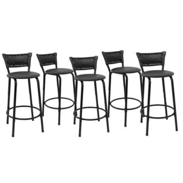 Imagem de Kit 5 Banquetas Para Bancada 60cm Preta Junco Preto Balcão Ilha Bistrô