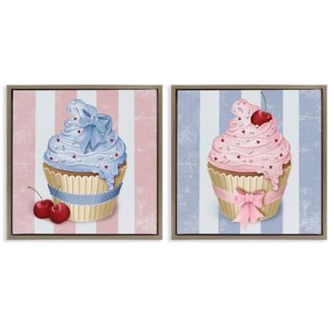 Imagem de Stupell Industries Conjunto de 2 peças de cupcakes rosa e azul com moldura marrom de Lori Mosley, 25 x 25