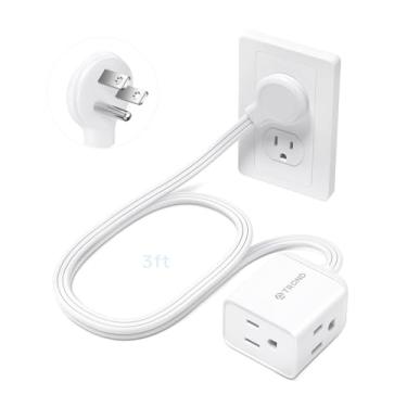 Imagem de TROND Cabo de extensão plano curto de 0,9 m – Tira de tomada plana angular à esquerda, 3 tomadas de extensão de plugue aterrado, três pinos, fio de calibre 16, 13A, pequeno para uso interno em casa