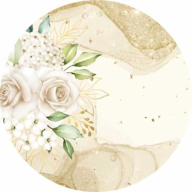 Imagem de Painel de Lona Redondo Flores Aquarela Vintage Dourado e Branco - Fabr