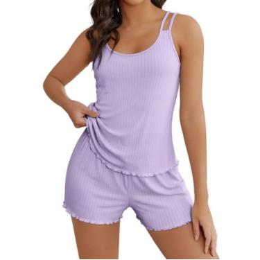 Imagem de Conjunto de pijamas e shorts femininos de malha canelada Ekouaer