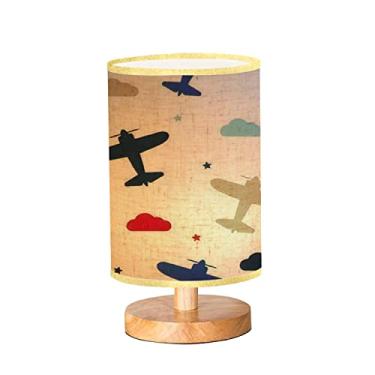 Imagem de Candeeiro de mesa infantil com base de madeira, sombra de tecido de linho, sem costura, com aviões, estrelas e nuvens, colorido, branco, regulável, candeeiro de mesa de cabeceira de madeira sólida