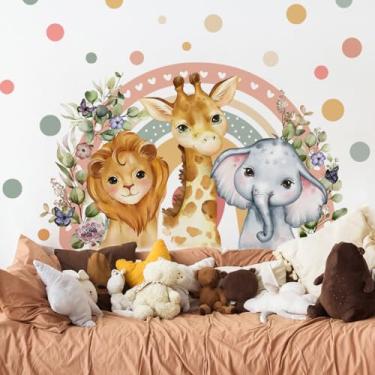 Imagem de ZARROUEA Decalques de parede de animais de safári arco-íris, arco-íris aquarela com estrelas, adesivos de parede para berçário, decoração de arte pastel colorida para quarto de bebê, quarto de meninas