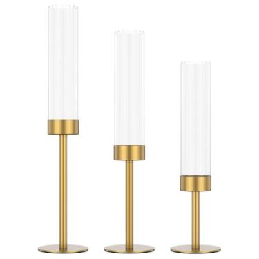 Imagem de 3 peças de castiçais dourados Hurricane, castiçais de vidro, castiçais cônicos modernos com tampa de cilindro de vidro canelada, castiçal alto de latão a granel para decoração de mesa de centro de
