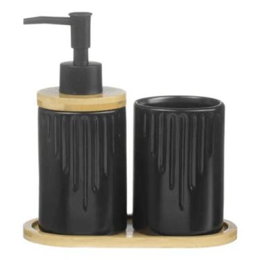 Imagem de Kit Banheiro Lavabo 3 Peças Bambu Porta Sabonete Líquido Pia - PGB, Pr