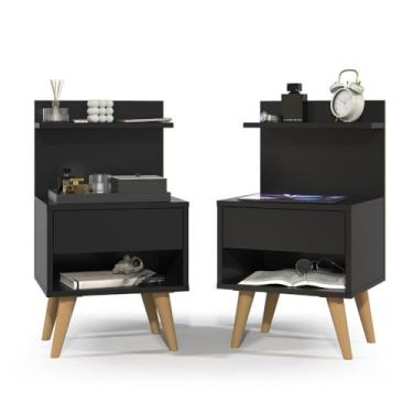 Imagem de Kit com 2 Mesa de Cabeceira Retrô Com 1 Gaveta Sleep Decor (KIT 2 SLEEP - PRETO)