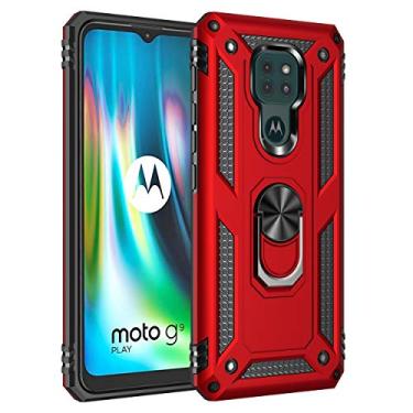 Imagem de SORAKA Capa para Motorola Moto E7 Plus com suporte de anel capa protetora Motorola Moto G9 Play capa traseira de policarbonato rígido com placa de metal para suporte magnético de telefone carro