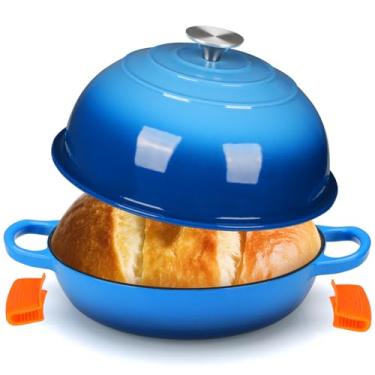 Imagem de LIFERUN Forno holandês de ferro fundido esmaltado de 6 litros para assar pão, panela antiaderente em forma de cúpula com tampa, alças de silicone e raspador, azul