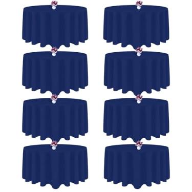 Imagem de 8 pacotes de toalhas de mesa redondas 224 cm azul marinho para mesas circulares, toalha de mesa de tecido de poliéster lavável, toalha de mesa resistente a vincos, capa redonda para festa de casamento