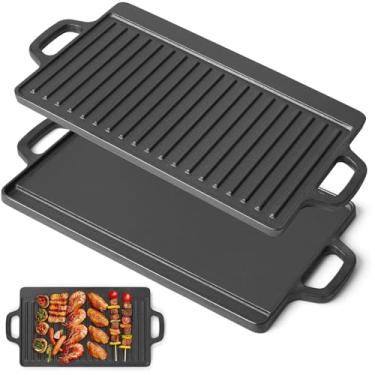 Imagem de 45 x 23 cm Chapa Grill para Fogão e Indução, Dupla Face Retangular, Chapa de Ferro Dupla Face, Retangular de Ferro Fundido, Frigideira Reversível Pré-Temperada