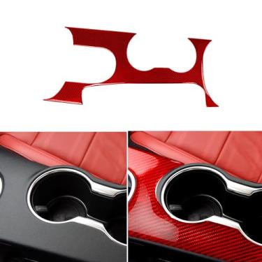 Imagem de PJFUS Painel de suporte de copo de água de fibra de carbono vermelho real para console central de carro, acabamento interno automotivo compatível com acessórios Ford Mustang 2015 2016 2017 2018 2019
