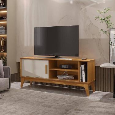 Imagem de Rack Tv 55 Polegadas 1 Porta E Puxador De Madeira Arizona - Cedro E Off White