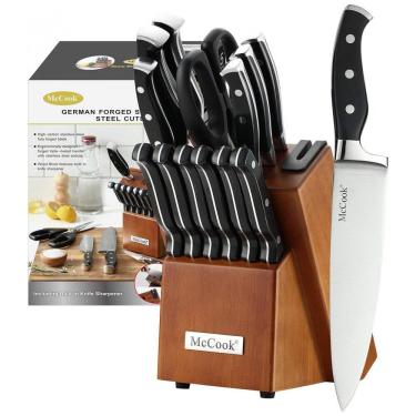 Imagem de Conjunto de Facas McCook MC23A em Aço Inoxidável com Bloco de Bancada e Afiador Embutido, 15 Peças, Preto.