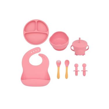 Imagem de Kit Introdução Alimentar Bebê 8 Peças de Silicone e Sem Pontas para Iniciação de Alimentos Livre de BPA Atóxico - Colher, Garfo, Copinho, Pote e Pratinho - Linha Premium (Rosa Claro)