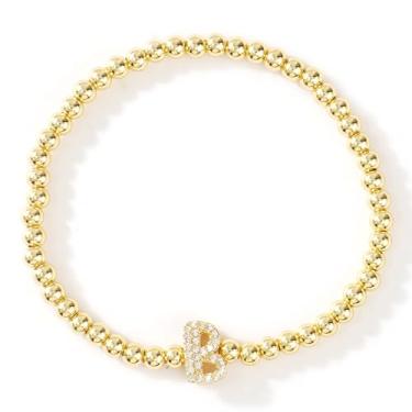 Imagem de EQUBIO Pulseira inicial feminina – Contas de cobre de ouro de 4 mm com pingente brilhante da letra B, joia elástica personalizada em camadas para presente