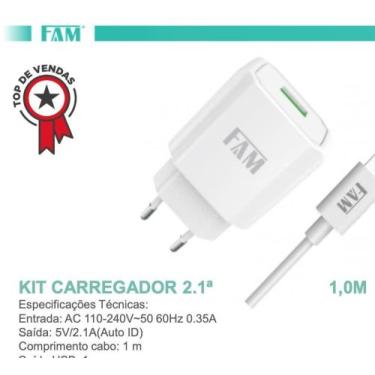 Imagem de Kit carregador + cabo v8 1 usb 2.1a fkt-1508 anatel fam