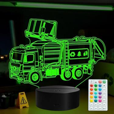 Imagem de Luz noturna de caminhão de lixo, presentes de caminhão de lixo, lâmpada de ilusão 3D com controle remoto, 16 cores RGB, 4 modos de piscar, temporizador, regulável, decoração de quarto de presente de