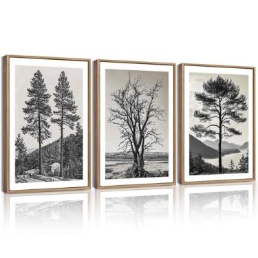 Imagem de KUVIOKE Arte de parede emoldurada de árvore vintage preto e branco retrô desenhos de floresta antiga natureza natureza esboço pintura de parede decoração moderna 30 x 40 cm (moldura natural)