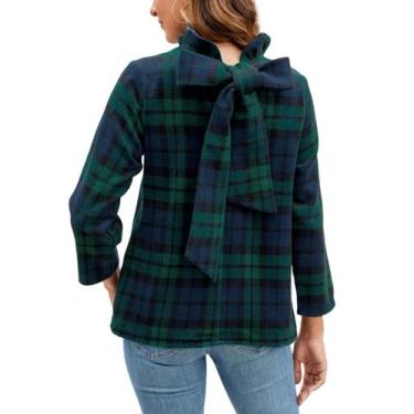 Imagem de Blusa feminina Kedera de flanela xadrez com gola simulada com laço ver