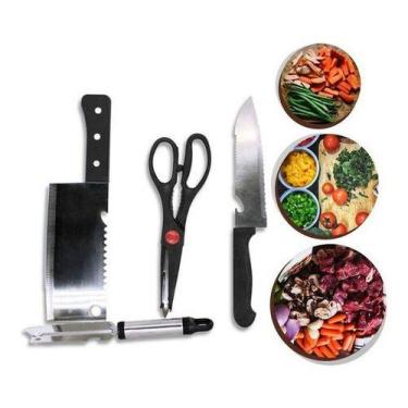 Imagem de Kit Tesoura E 3 Facas Para Cozinha Jogo 4 Peças - 123útil