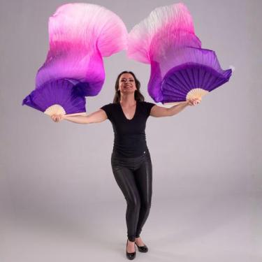 Imagem de Par Fan Véu Leque Degrade Cores Dança do Ventre - Roxo, rosa e branco-