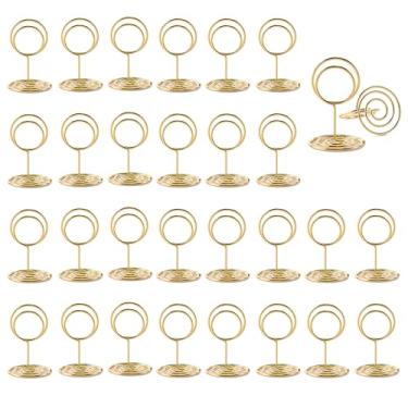 Imagem de 30 suportes de números de mesa, porta-cartões de lugar, porta-fotos de arame, porta-cartões de mesa pequenos, porta-fotos para centros de mesa, recepção de casamento, festa, aniversário (ouro)