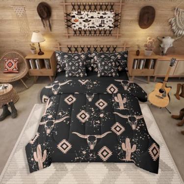 Imagem de Erosebridal Conjunto de edredom asteca, tamanho Queen, crânio de touro rústico, para crianças e adolescentes, caubói do sudoeste (edredom + lençol de cima + 2 fronhas + 2 fronhas de travesseiro),