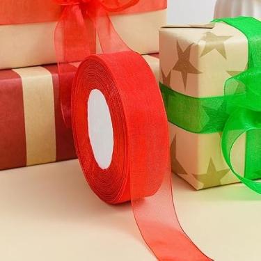 Imagem de Conjunto de 1 rolo de fitas de chiffon de cetim e glitter, fita de Natal de 2,5 cm e 50 metros para embrulho de presente, artesanato, enfeites de festivais, decoração de festa de casamento (vermelho)