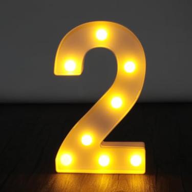 Imagem de Letreiro de luzes de letreiro, letreiro de LED com letras grandes com 26 alfabetos e 10 números para decoração de festa, decoração suspensa para festa em casa, casamento, aniversário, número 2