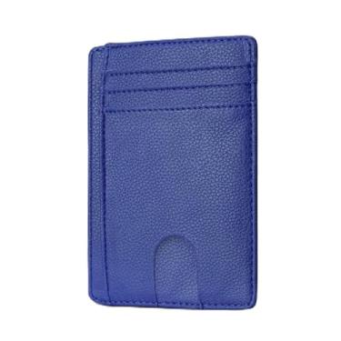 Imagem de Carteira masculina com bloqueio de RFID, porta-cartão de crédito para homens e mulheres, couro fino, minimalista, porta-cartões RFID, bolso Ridge, carteira de viagem, Azul, Minimalista
