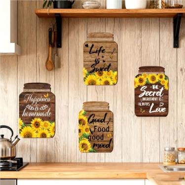 Imagem de 4 peças de adesivos de parede de vasos de girassol, decalques de parede de cor de madeira descascar e colar, adesivos de parede para sala de estar e armários de cozinha