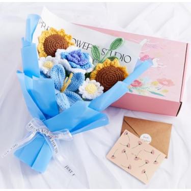 Imagem de LAIDANLA Buquê de flores de crochê azul crochê girassol margarida tulipa buquê de rosas presentes para mulheres, aniversário de formatura, dia dos namorados, buquês de flores de crochê, decoração de