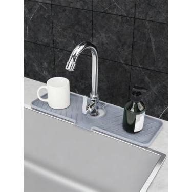 Imagem de Bandeja de torneira de silicone - Organizador de pia de cozinha e banheiro com coletor de gotejamento, suporte de sabão/esponja e protetor de respingos (45 x 16 cm - cinza claro)