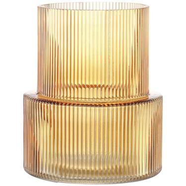 Imagem de YANWE1 Vaso de vidro âmbar, vaso de vidro canelado para tulipas, vasos de flores para buquês, vasos modernos âmbar para sala de estar, mesa de jantar, entrada, manto, prateleira, casamento, escritório