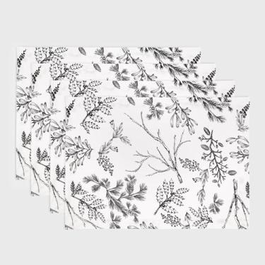 Imagem de Solino Home Jogo americano de Natal 100% de linho puro, conjunto com 4 - tapetes de mesa preto/branco 35,5 x 48 cm - Jogo americano de linho estampado à mão e lavável na máquina - Estampa de floresta