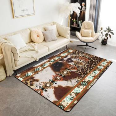 Imagem de Erosebridal Tapete de área de couro de vaca 3x5, tapete com estampa de leopardo marrom, tapetes ocidentais exóticos astecas com estampa de vaca para cabeceira, casa de fazenda pele de animal selvagem Cowboys tapetes de sala de estar para homens