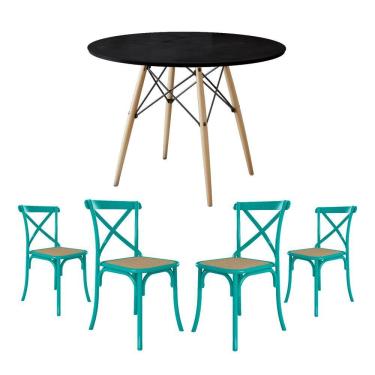 Imagem de Conjunto Mesa Eiffel Redondo De Madeira 110Cm Preto Com 4 Cadeiras Katrina Azul Turquesao Beg