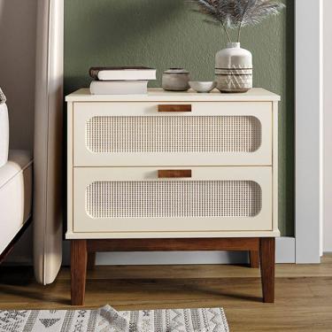 Imagem de Mesa de Cabeceira Retrô 2 Gavetas Santorini 60cm com Telinha Indiana Desing Sofisticado Off White