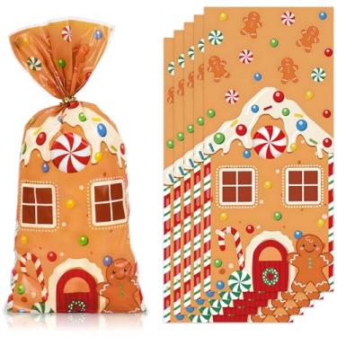 Imagem de JarThenaAMCS 100 unidades de sacos de celofane de Natal com laços torcidos saco de guloseimas para casa de pão de gengibre sacos de doces de plástico para presentes de festa de Natal, aniversário, chá